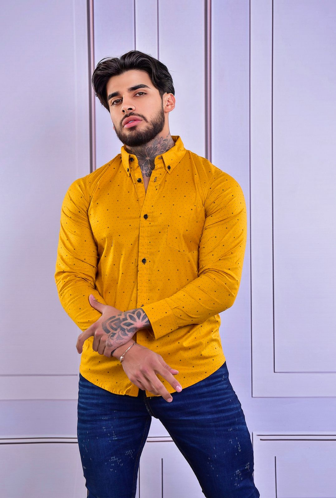 Camisa Mini Print Manga Larga Mostaza