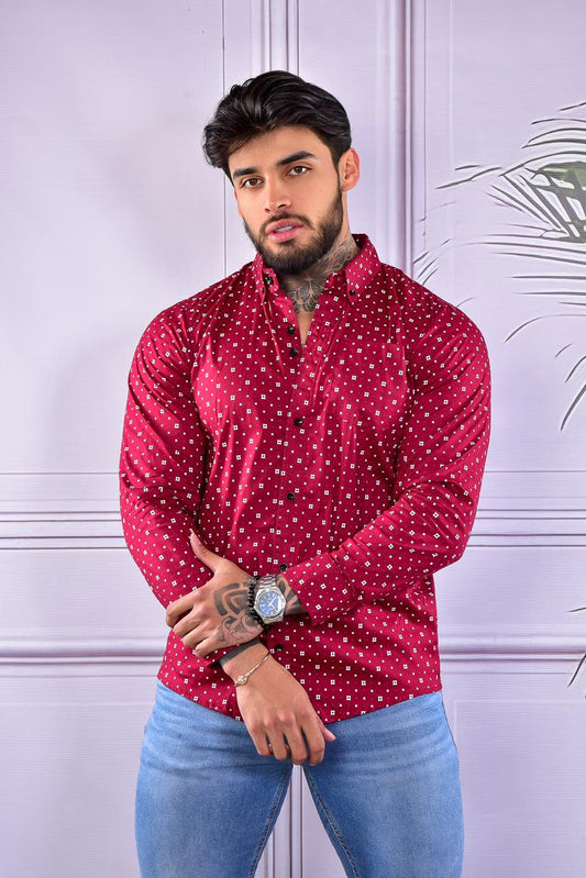 Camisa Mini Print Manga Larga Vino Tinto