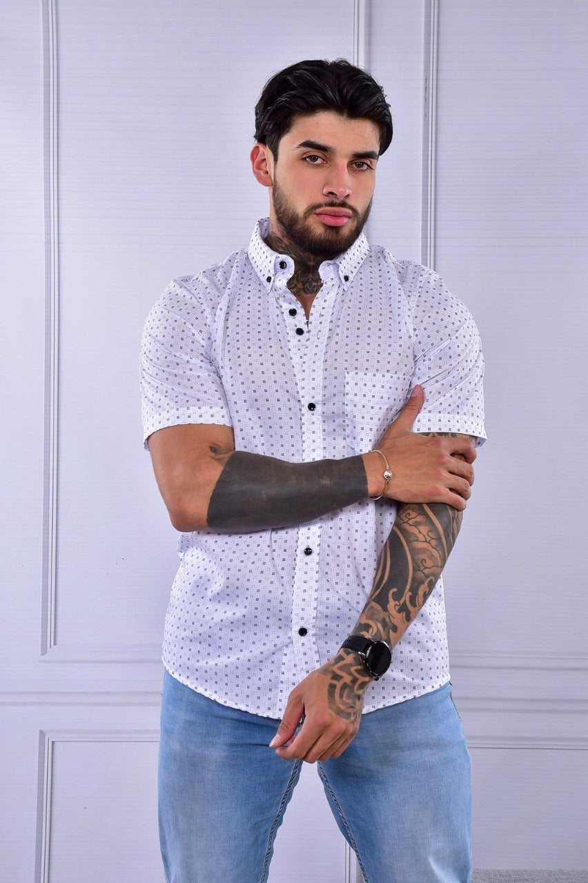 Camisa Mini Print Manga Corta Blanca